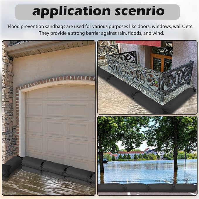 8 Pcs Flood Water Sand Bags Waterproof Sandbags Barrier Reusable Sand Bags with Insert Buckle Flood Protection for Home Door Window Basement Garage Rain Water Control, 28 x 11 Inch(Black)