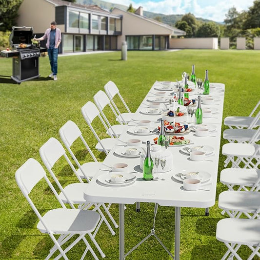 VINGLI 8 Foot Plastic Folding Table Portable Long Table for Indoor Outdoor Use Rectangular with Carrying Handle,White