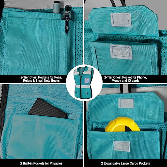 TCCFCCT Safety Vest for Women 11 Pockets Mesh Reflective Vest with Zipper, High Visibility Neon Construction Work Vest for Lady Surveyors/Warehouse, Snug-Fit, Durable, Meets ANSI, Malachite Blue XS
