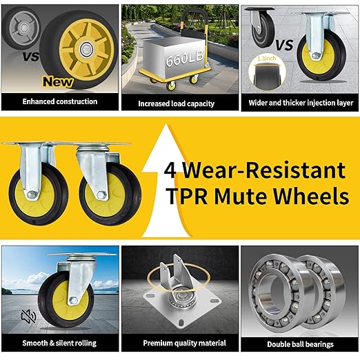 Foldable Push Cart Dolly, Heavy Duty Flat Bed Cart with Wheels & Non-Slip Mat, 360° Mute Wheels for Easy Maneuver, 660lbs, Easy to Assemble – Ideal for Household Tasks, Grocery Delivery, Yellow