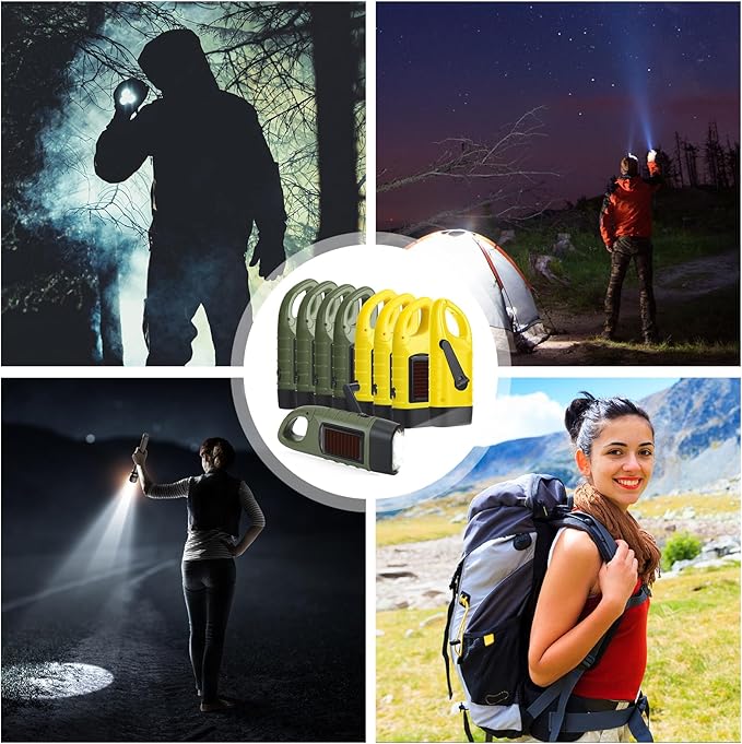 Leelosp 9 Pieces Hand Crank Flashlight Solar Powered Flashlight for Emergencies Dynamo Rechargeable LED Survival Light for Outdoor Sports Hiking Camping (Green,Yellow)