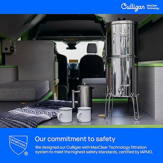 Culligan MaxClear 3 Gallon Gravity Water Filter System, Polished Stainless-Steel Countertop Water Filter NSF/ANSI Certified to Reduce Microplastics, Lead & Total PFAS, with 3 Ceramic Filters