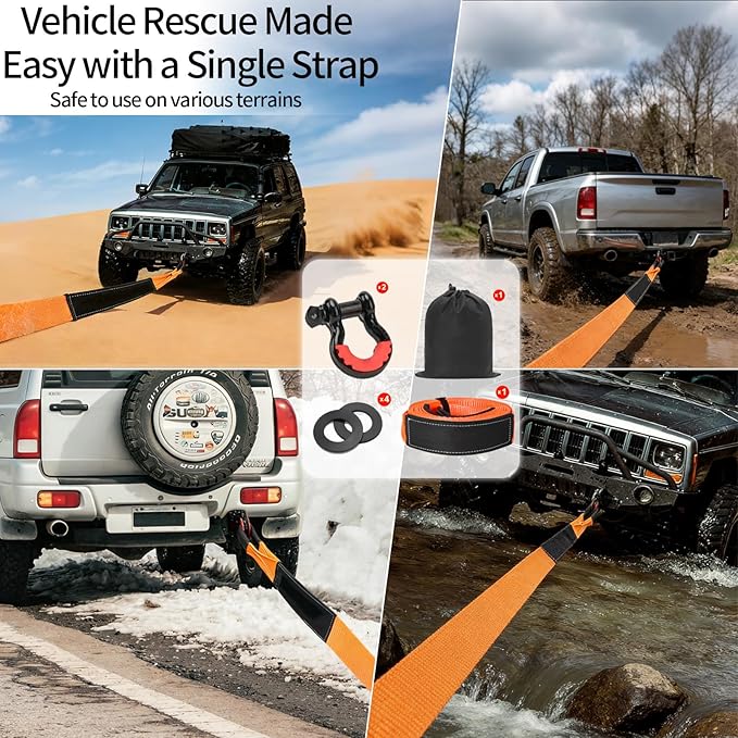 Heavy Duty Tow Strap Recovery Kit, 3" x 20'ft Tree Saver Winch Strap + 2 x3/4" D Ring Shackles + Storage Bag, Off Road Towing Strap Kit for Truck/SUV/ATV/RV