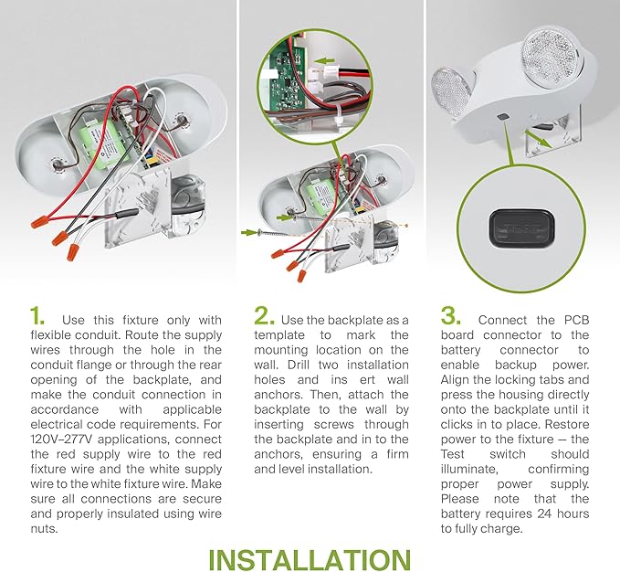 ASD LED Emergency Lights with Battery Backup - 120-277V UL 2.5W Two Round Head Adjustable for Business, Commercial Hardwired Damp Location Emergency Exit Power Outage Lights