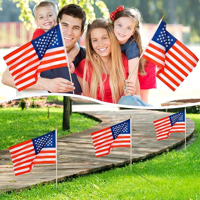 100 Pack 12x18 Inch American Flags on Stick - Patriotic American Flags for Outside, USA Stick Flag Perfect for Independence Day, Memorial Day, 4th of July Decorations (100)