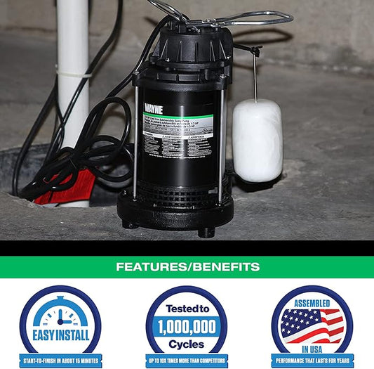 WAYNE CDU790-1/3 HP Submersible Cast Iron and Stainless Steel Sump Pump with Integrated Vertical Float Switch - Up to 4,600 Gallons Per Hour - Heavy Duty Basement Sump Pump, Black