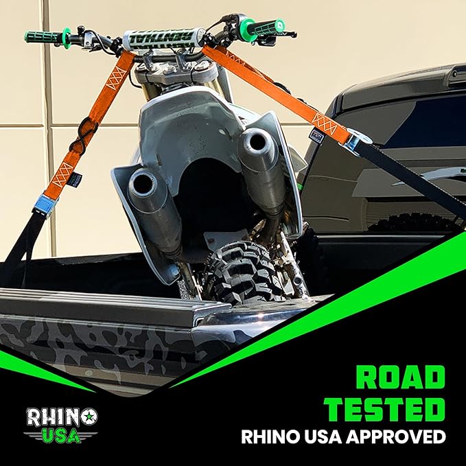 Rhino USA Motorcycle Tie Down Straps (2 Pack) Lab Inspected 2,200lb Break Strength, Steel Cambuckle Tiedown Set with Integrated Soft Loops - Better Than a Ratchet Strap (Orange 2-Pack)