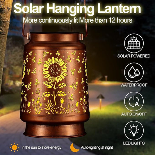 Solar Lantern Outdoor Hanging Waterproof Outside Metal Openwork Hummingbird Pattern Birthday Gifts for Women Mom Landscape Lights for Porch Garden Yard Patio Pathway Decor(Sunflower + Bee)