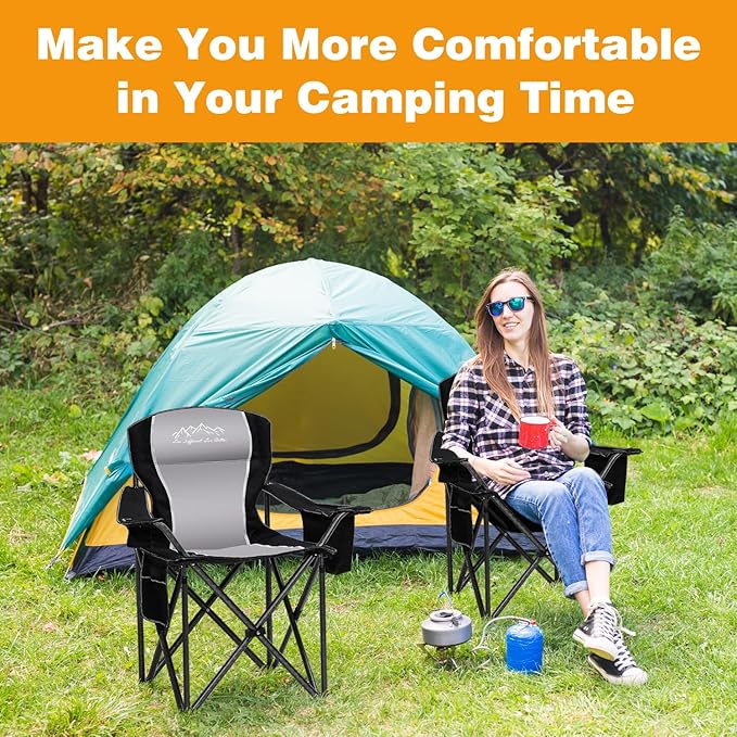 Folding Camping Chair Portable Outdoor Heavy Duty Padded Chairs Lawn Chair with Cup Holder, Storage Pocket and Cooler Bag, Supports 450LBS Black