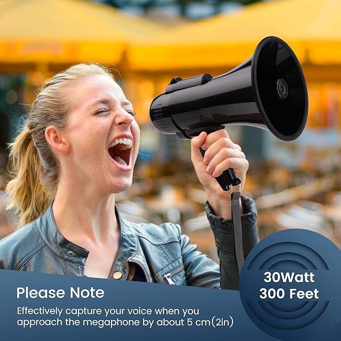30 Watt Power Portable Megaphone Bullhorn Speaker Voice, Siren/Alarm and 240S Recording with Volume Control and Strap