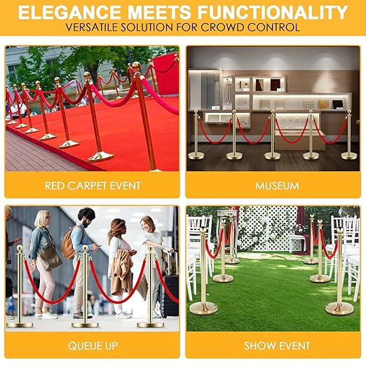 LOVMOR 6PCS Gold Stanchion Posts Queue, 38 Inch Red Velvet Rope, 5 FT Red Carpet Ropes and Poles, Crowd Control Barriers Queue Line Rope, Barriers for Party Supplies