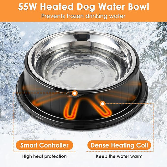 Heated Water Bowl for Dog Cat with Thermostatic Control, 55W 80oz Removable Stainless Steel Heated Dog Pet Bowl with Anti Chew Cord