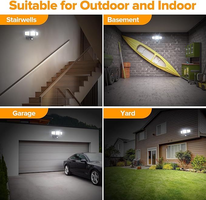 UME Battery Powered Motion Sensor Outdoor Lights 302 LED 1800LM, IP65 Waterproof Battery Operated Flood Lights Outdoor, 3 Heads Security Motion Light with 3 Modes for Garden Patio Yard, 2 Pack (Black)