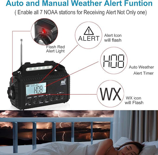 Auto NOAA Digital 5000 Weather Radio with Backlit LCD Screen, 5 Way Powered Solar Hand Crank Portable AM/FM/Shortwave Emergency Radio/Phone Charger,Read Lamp/Camping Flashlight,Earbud Jack,Clock,SOS
