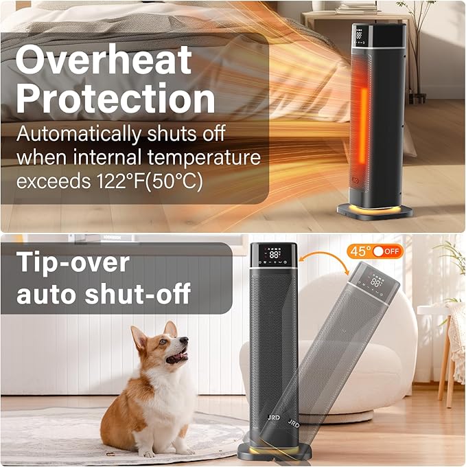 24" Space Heater, JRD Fast Heating Portable Electric Heater with Remote, Night Light, 80° Oscillation,4 Mode, Overheat&Tip-Over Protection, Ceramic Heat for Bedroom Office Indoor