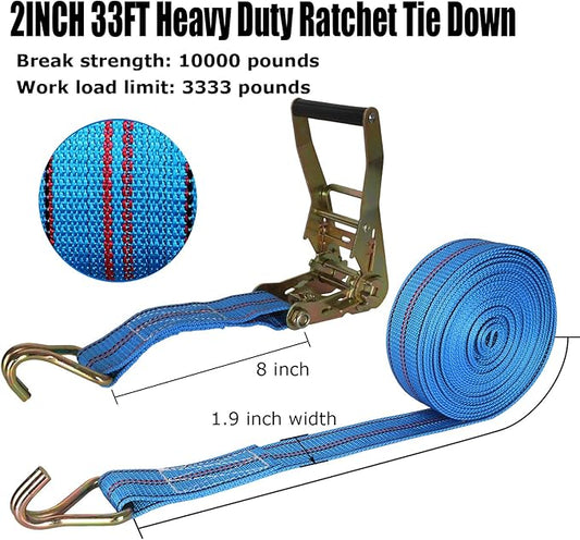 HNBun 2 Pack Ratchet Tie Down Straps, 2 Inch x 33 Feet, 10,000 lbs Break Strength, Heavy Duty Cargo Lashing Straps with Double J Hooks for Trailer, Truck, and Farm Equipment, Blue