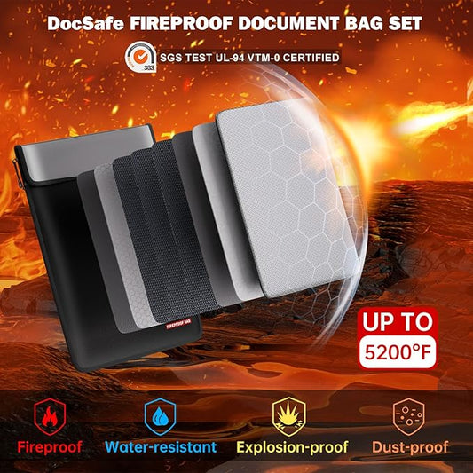 DocSafe Fireproof Document Bag (5200℉) with Fireproof Organizer Travel Case,Heat Insulated Fire&Water Resistant 8 Layers Safe Money Bag Storage for Important Documents,Cash,Power Bank,Valuables,Black