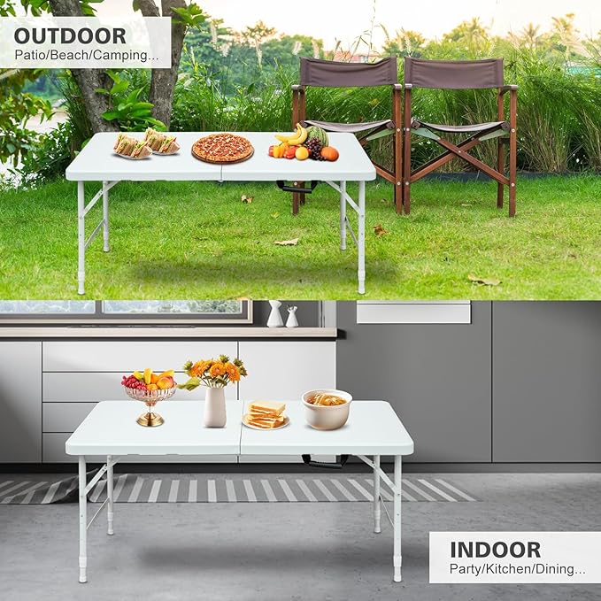 Portable 4Ft Adjustable Height Plastic Folding Table, Heavy Duty Fold-in-Half Table with Carrying Handle, Small Utility Foldable Table for Picnic Party Camping BBQ, Indoor/Outdoor(White)