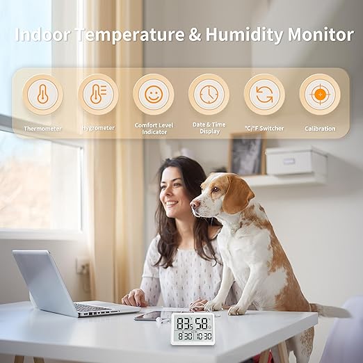 DOOMAY Room Thermometer Indoor - Hygrometer Temperature and Humidity Monitor with High Accuracy Sensor LCD Display Large Display Date Clock for Kitchen Baby Room Office (White)