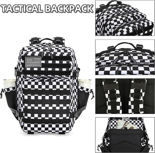 45L Tactical Assault Backpack 3 day assault pack with Molle Waterproof backpack Rucksack for Tactical Backpacks (Black and white check)