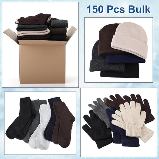 Suhine 150 Pcs Bulk Homeless Supplies Winter Beanies Gloves Socks Set Warm Care Package Homeless Kits for Cold Weather Items