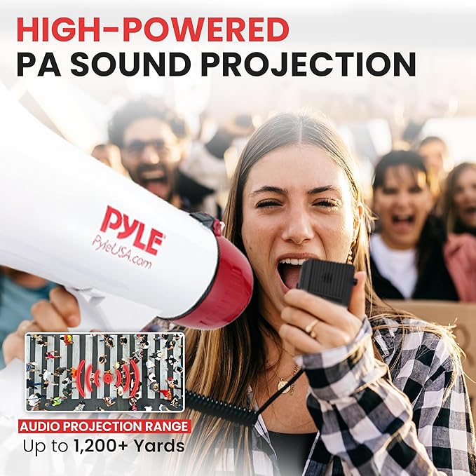 Pyle Megaphone Speaker PA Bullhorn Built-in Siren - Adjustable Volume Control & 1200Yard Range - for Football, Soccer, Baseball, Hockey & Basketball Cheerleading Fans & Coaches or for Safety Drills