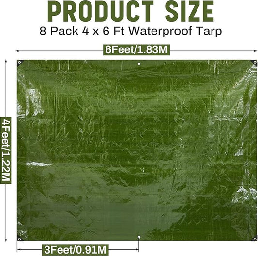 8 Pack 4 x 6 ft 5.5 Mil Small Tarps Heavy Duty Waterproof Tarp Multi Purpose Tent Cover for Home Boats Cars Camping Patio Furniture Roof Emergency Rain Protective Cover, Army Green