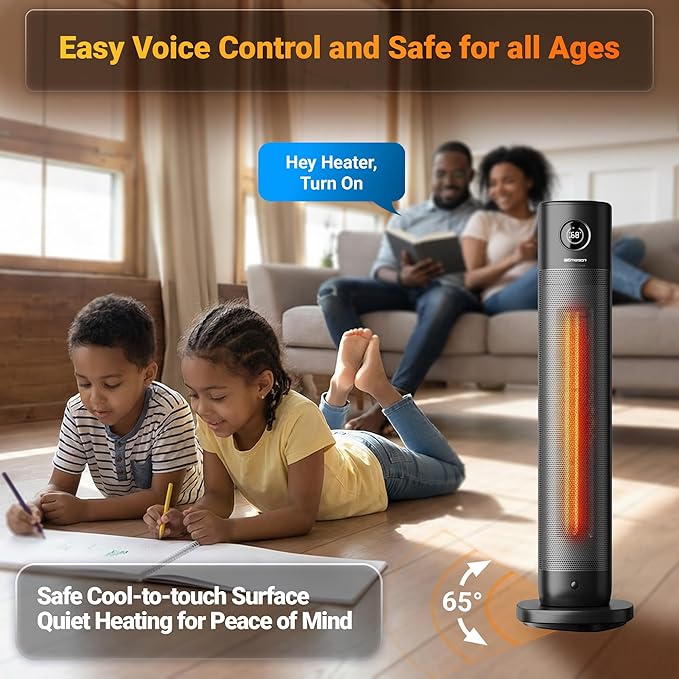 Emerson SmartVoice 32" Tower - Space Heater, Offline 40+ Voice Control Commands, No APP, No WIFI, No Setup, 1500W Heating, 65° oscillation, 9-Hr Sleep Timer, w/Remote Control