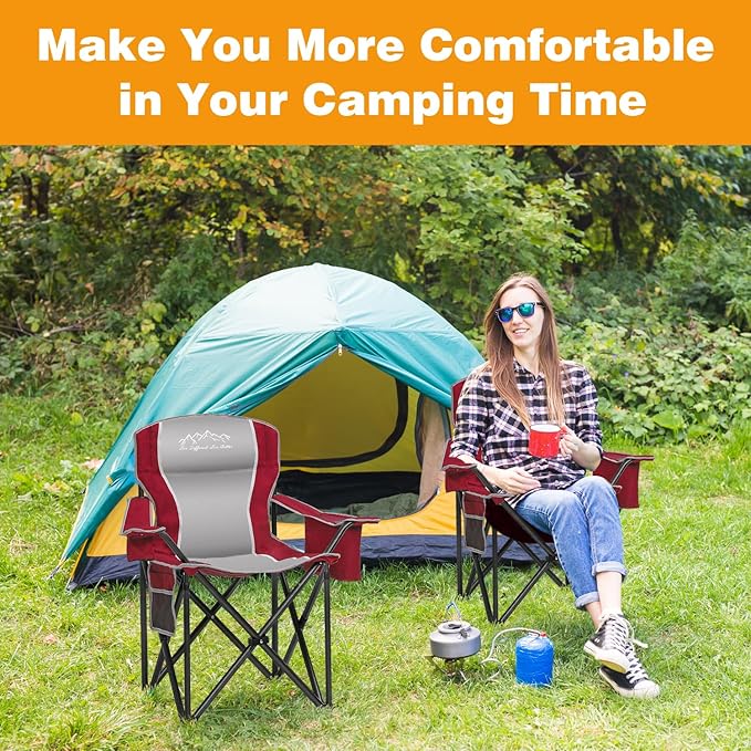 Folding Camping Chair Portable Outdoor Heavy Duty Padded Chairs Lawn Chair with Cup Holder, Storage Pocket and Cooler Bag, Supports 450LBS Red