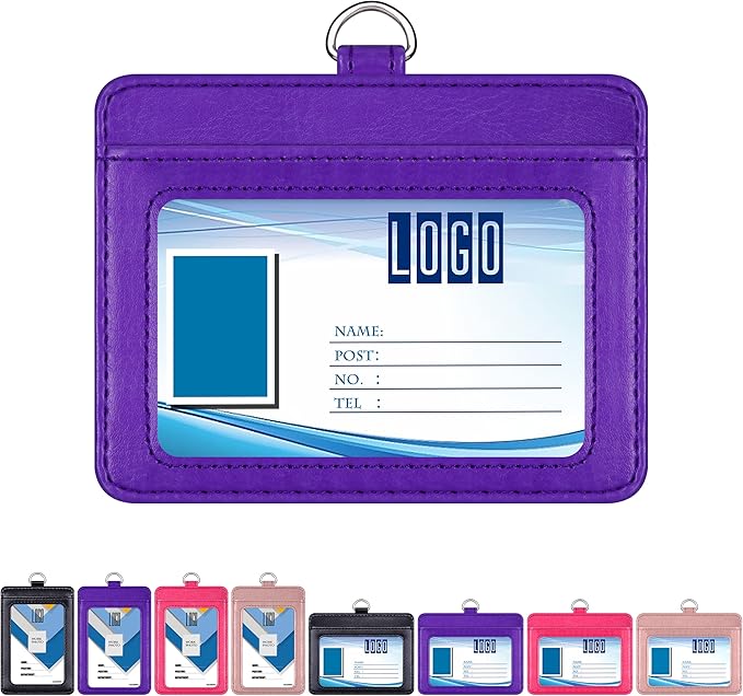 Wisdompro 2-Sided PU Leather ID Badge Holder with 1 ID Window and 1 Card Slot and 1 Piece 23 Inch Adjustable Polyester Detachable Neck Lanyard Strap (Holds 3 to 4 Cards) - Purple (Horizontal)