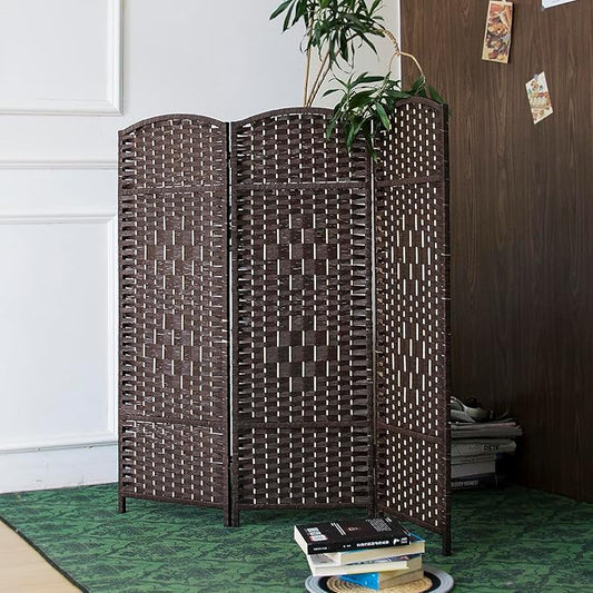 3 Panel Rattan Divider Short Room Partition Screen,Double Sided Folding Divider for Room Separation,Dark Brown,47.2" H x 47.2" W