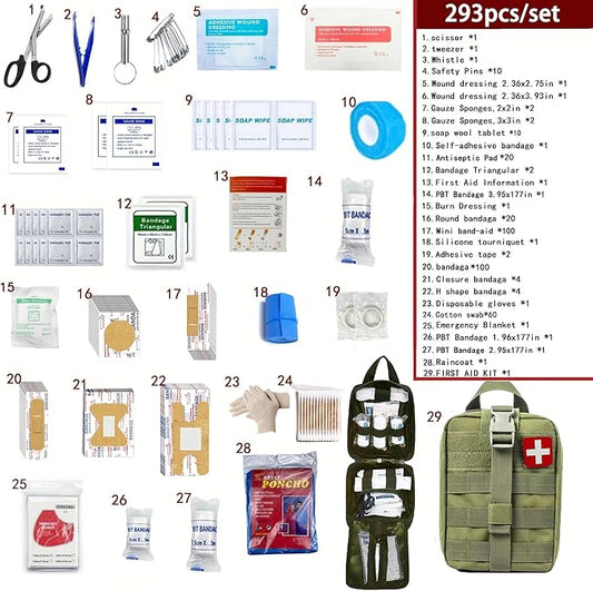293Pcs/set - First Aid Kit Molle Pouches Emergency Survival Kit Suitable for Outdoor Activities, Home, School, Hiking, Car Travel and Camping - Quick Response First Aid Essentials (Olive Green)