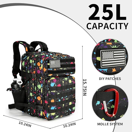 25L Tactical Backpack for Men and Women Small Military Tactical Backpack Heavy Duty Molle Assault Pack Daypack for Hiking Camping Travel Work Gym Outdoors (Fluorescent Tie Dye)