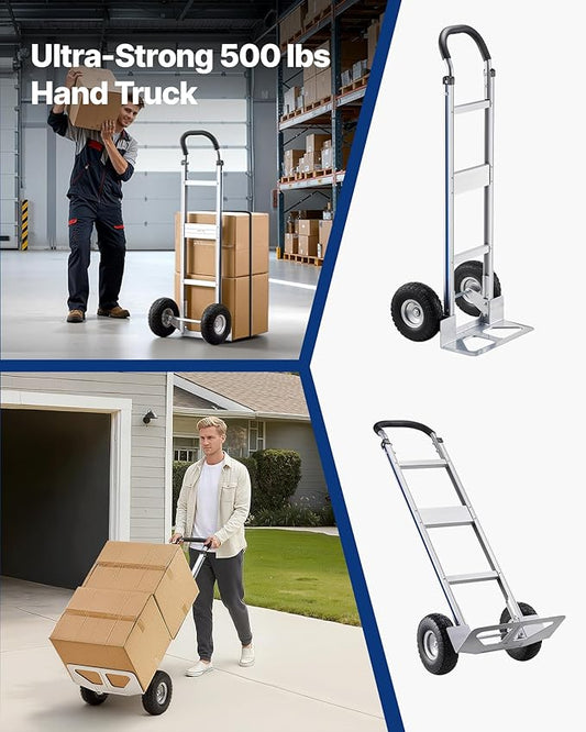 VEVOR Aluminum Hand Truck, Heavy-Duty Hand Truck Dolly with Non-Slip Wheels & Handle, 500 LBS Aluminum Alloy Portable Trolley Dolly with Tie-Down Strap for Moving Home, Office, Warehouse