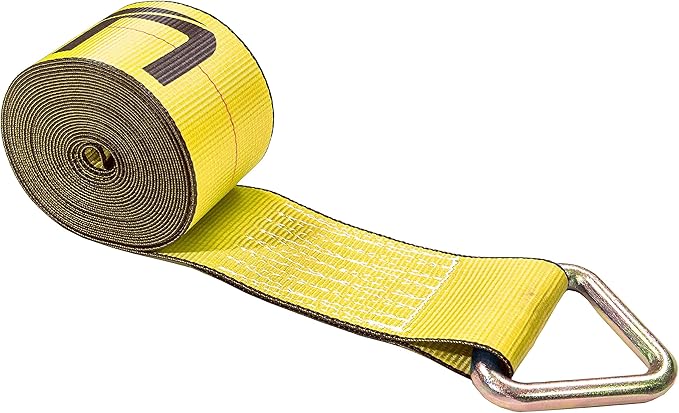 US Cargo Control 4 Inch Winch Strap with D-Ring Fitting, 27 Feet Long, Heavy Duty Trailer Winch Strap for Safe Cargo Securement, Zinc-Coated D-Ring for Easy Attachment, Yellow, 2-Pack