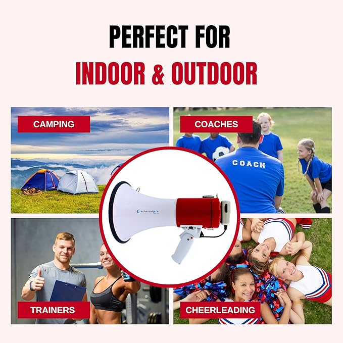 Technical Pro Portable 75-Watts 800M-1000M Range Megaphone Bullhorn Speaker with Strap, Siren, & Volume Control, Good for Trainers, Camping, Coaches, Cheer Leaders