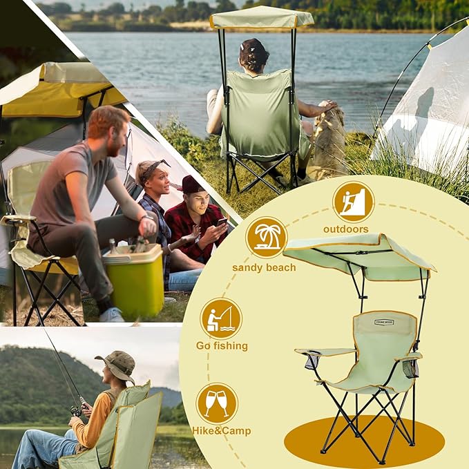 YOUNG WOOD Portable Camping Chair Beach Chair with Shade Canopy, Fold Lightweight Oversized for All, Easy to Open and Close Without Installation, Side Pocket Design for All Outdoor Activities,Green