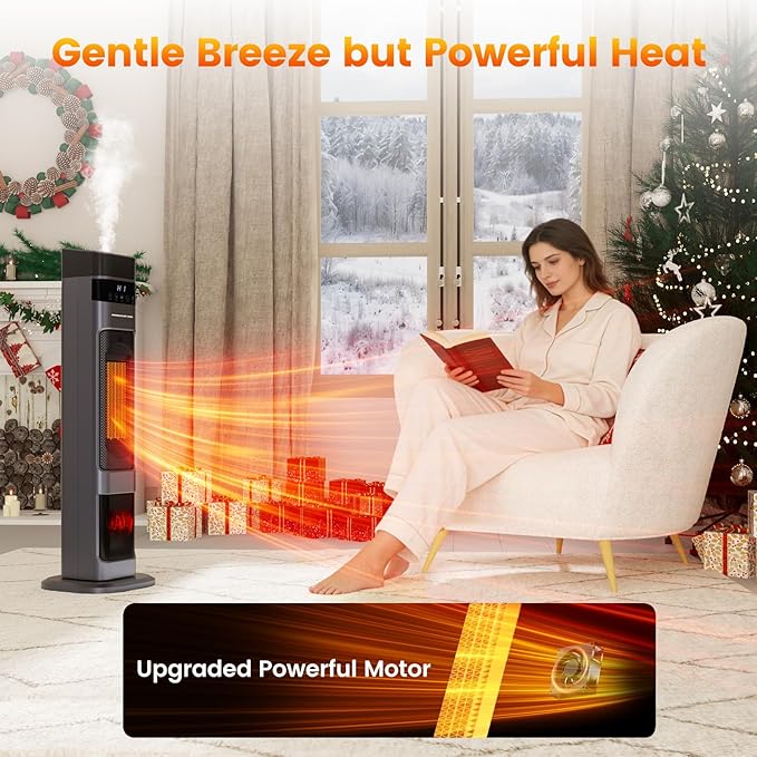 VCJ 31" Space Heaters, 1500W 12H Timer Electric Heater for Indoor Use, Remote, 120° Oscillation, Water Mist, Overheat & Tip-Over Protection, Quiet Portable Tower Heater for Bedroom Living Room Garage