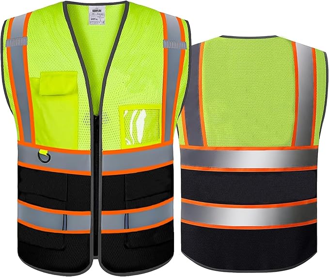 High Visibility Safety Reflective Vest with Pockets and Zipper Construction Hi Vis Work Vest(Yellow/Black3XL)