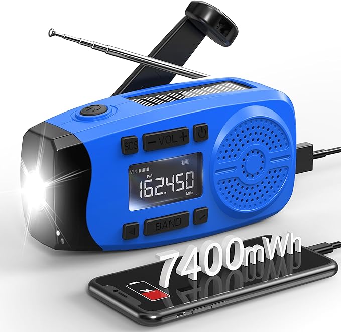 Emergency Crank Radio with 7400mWh Emergency Power Bank, AM/FM NOAA Solar Powered Crank Wind Up Radio with SOS Alarm, Bright Flashlight, Emergency Power Bank for Cellphone, Used for Outdoor&Emergency