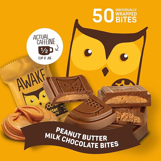 AWAKE - Caffeinated Chocolate Bites - Peanut Butter Milk Chocolate, 50 Bites - 50mg Caffeine - Wrapped Energy Bites - Coffee Alternative - Fairtrade, Gluten Free, Non GMO - 0.48oz