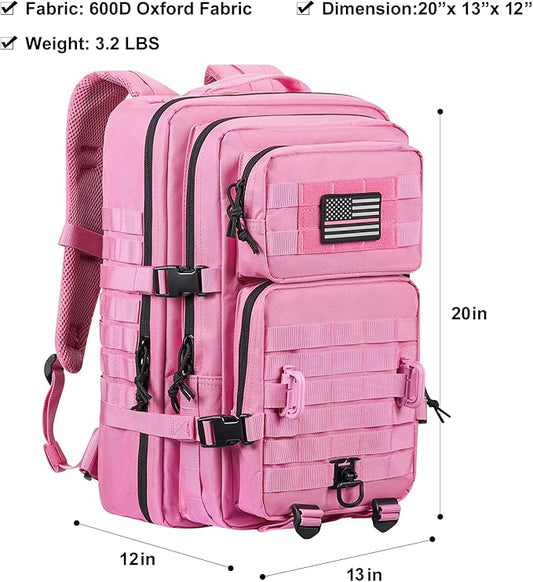 MOLLE Assault Backpack, Tactical Backpack Military Army Camping Rucksack, 3-Day Pack Trip w/USA Flag Patch, D-Rings, Pink