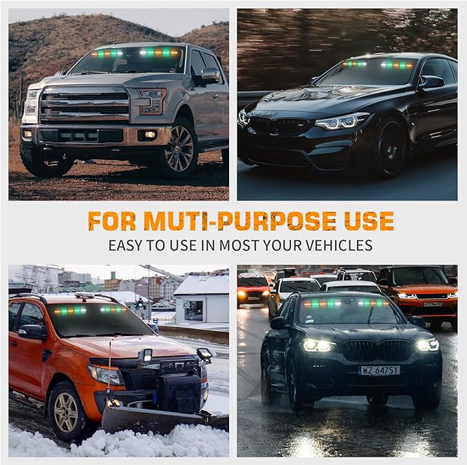 XRIDONSEN 34 inch Amber Green Emergency Visor Strobe Lights 40 LED Warning Flashing Hazard Safety Light Interior Front Windshield Lights w/White Take Down for Tow/Plow Trucks Construction Vehicles