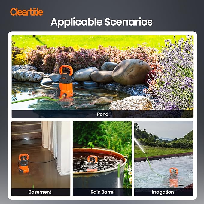 Cleartide Submersible Sump Pump, Smart Water Sensor Auto On/Off, Manual/Auto Mode, 1/4HP 2160GPH Multi-Use Utility Water Pump for Pool/Basement/Garden Drainage