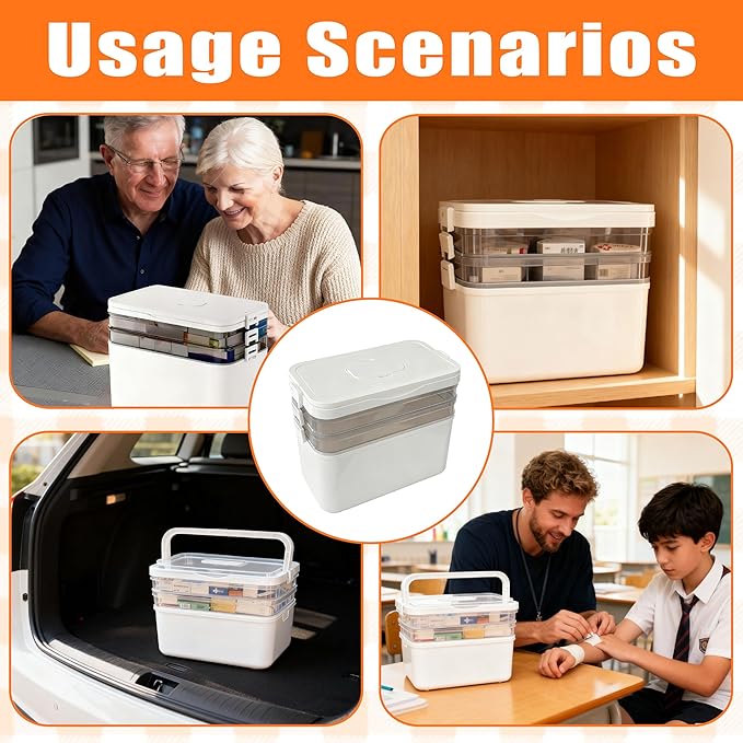3-Tier Medicine Organizer with Detachable Pill Box, First Aid Kit with Handle, Portable Multipurpose Plastic Medical Box for Home, Travel, and Family Emergencies(White)