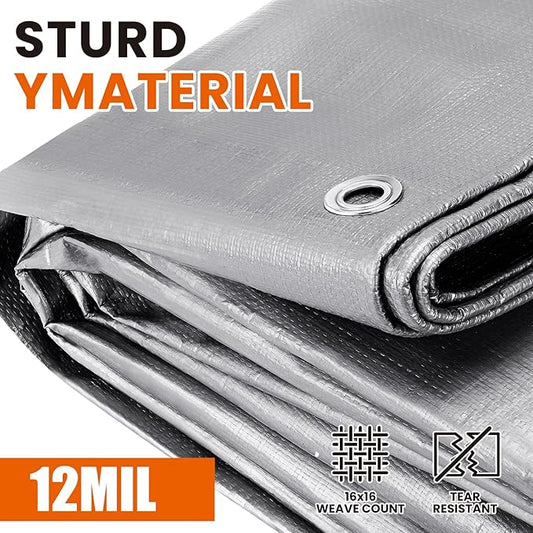 Tarp Heavy Duty 20x40 FT, 12 Mil Thick Large Tarps Water-Proof with Grommets, UV& Tear Resistant, Plastic Cover for Pool Roof Tent Outdoor Firewood, Silver& Brown