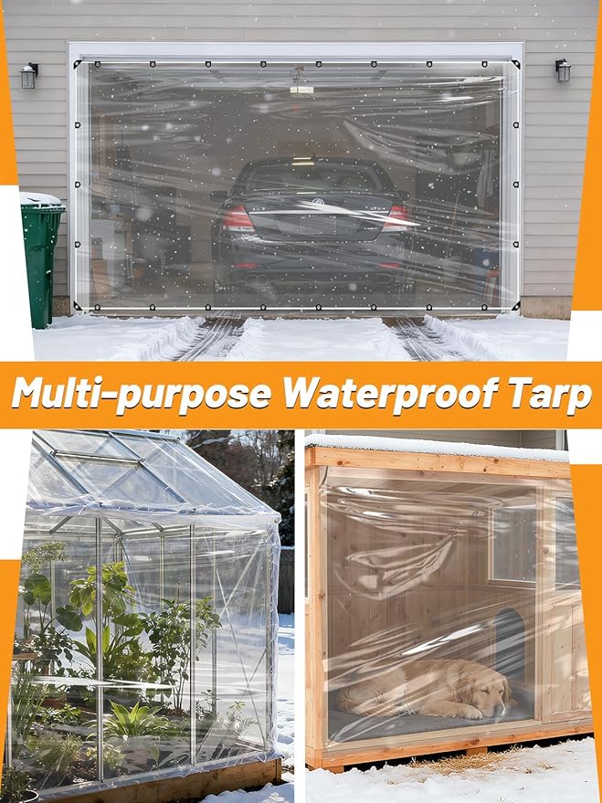 8x10 FT Clear Tarp Heavy Duty Waterproof for Patio Winterizing - 5 mil Anti-Tear Snowproof & Windproof Clear Plastic Tarps with Grommets for Winter Garden Patio Enclosure Chicken Coop