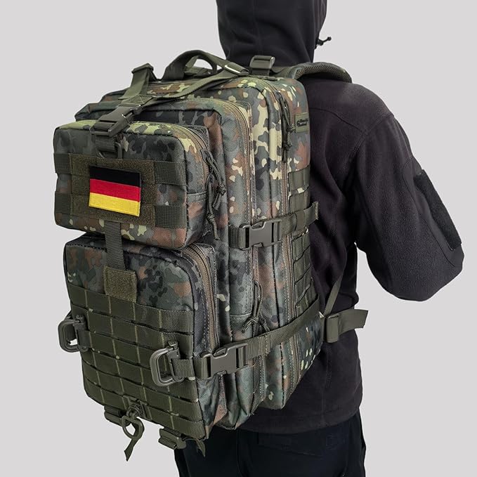 MOLLE Assault Backpack, Tactical Backpack Military Army Camping Rucksack, 3-Day Pack Trip w/USA Flag Patch, D-Rings, Flecktarn