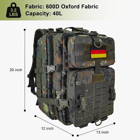 MOLLE Assault Backpack, Tactical Backpack Military Army Camping Rucksack, 3-Day Pack Trip w/USA Flag Patch, D-Rings, Flecktarn