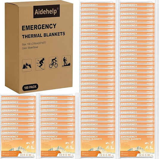 100 Pack Emergency Blankets (83" x 52") - Mylar Thermal Space Blankets for Survival and Protection - Ideal for Camping, Outdoors, Hiking, Rescue, Marathons